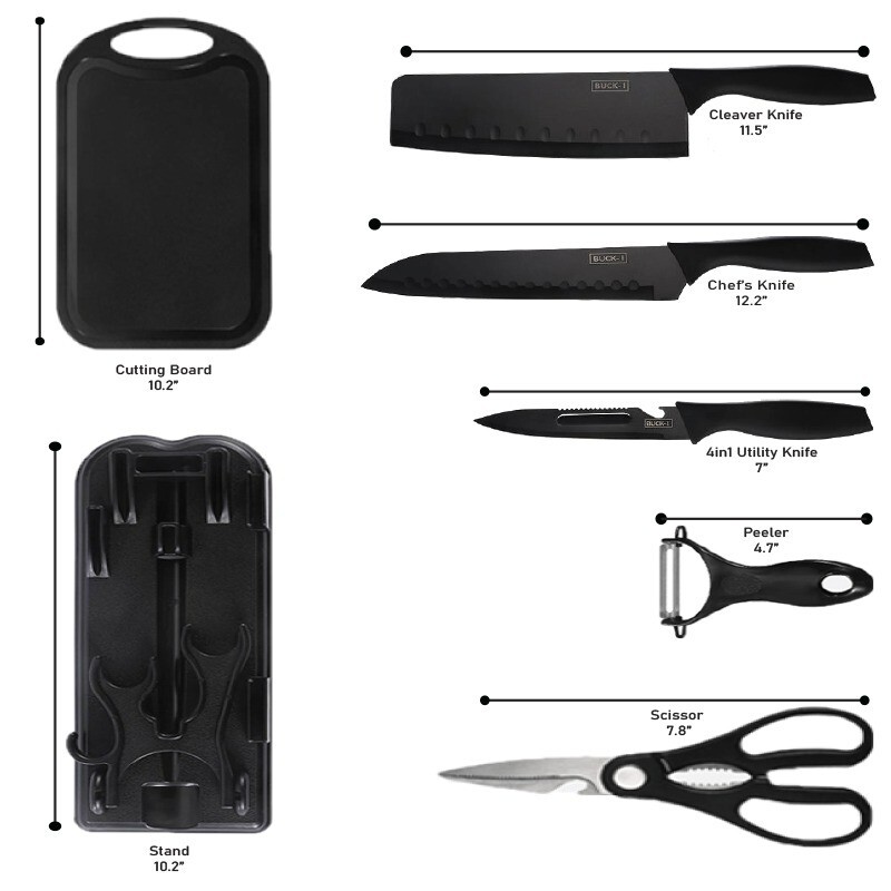 7 Piece Kitchen Knife Set, Cutting Board, 3 Stainless Steel Knives and