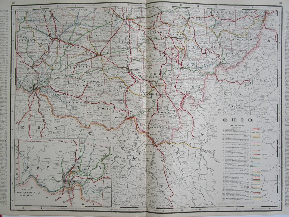 Mapa de ferrocarril 1896 Southern Ohio Cram siglo XIX S OH RAILWAY 1800 HAMILTON CO Foto 2 de 4