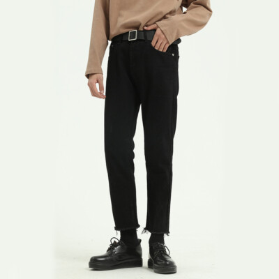 Men Black Crop Denim Pants Ankle Raw Hem Skinny Jeans Long Trousers Slim  Bottoms | eBay