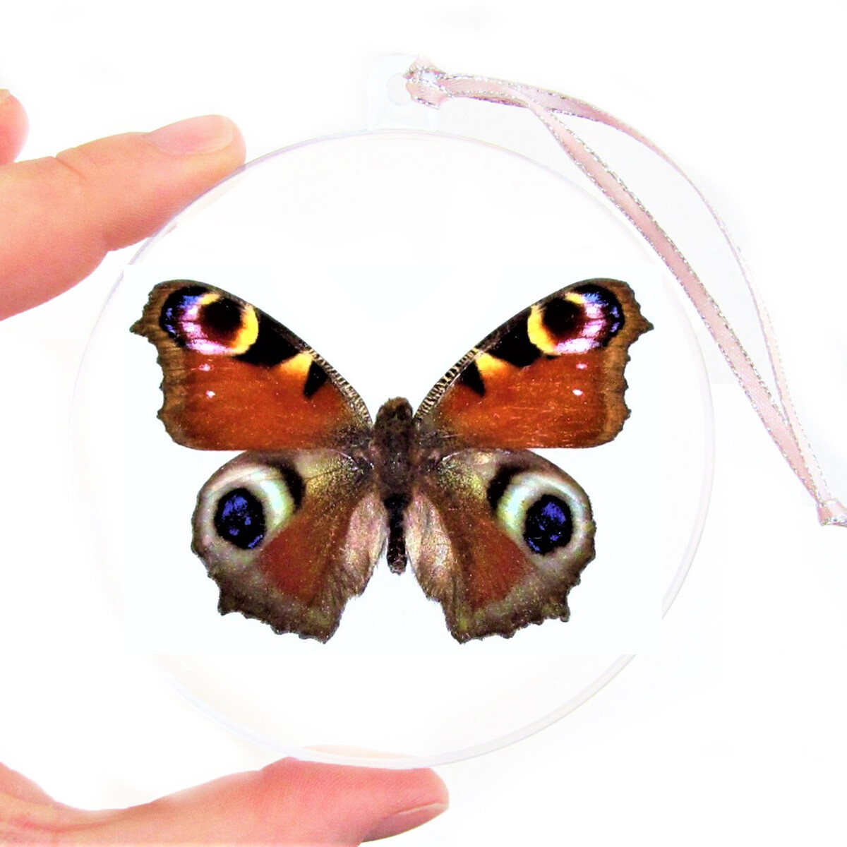 Inachis io red pink purple blue peacock buckeye butterfly Christmas ornament