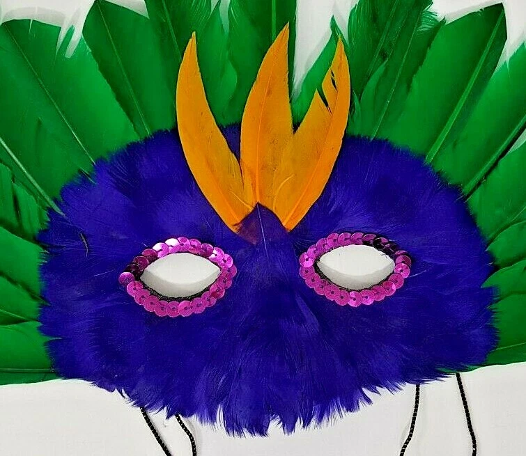Mardi Gras Mask Purple and Green With Pink Sequins Multi Colored Feathered - Image 3 of 4