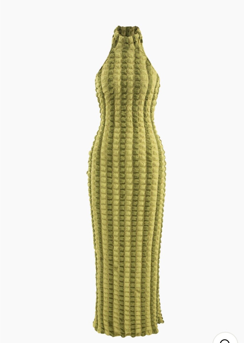 Women’s Green Popcorn Textured Halter Backless Maxi Dress LARGE NEW