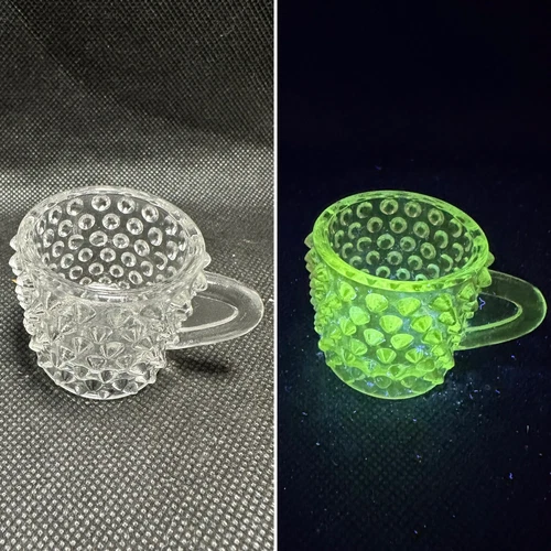 Vintage EAPG? Clear Hobnail Glass Child’s Miniature Cup Mug 1.5" Tall UV GLOWS