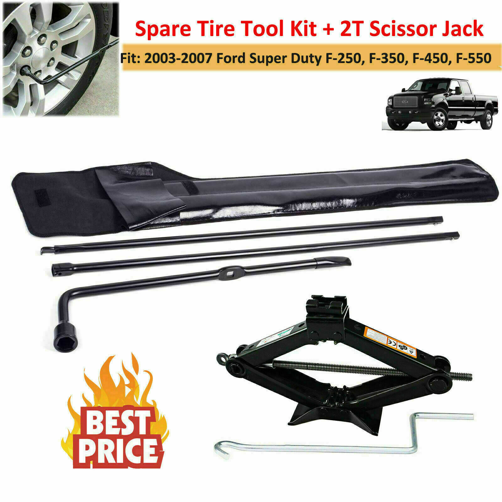 Spare Tire Tools Kit 2 Ton Scissor Jack For Ford 03-07 F250 F350 F450 F550 Super Duty 