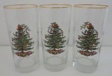SPODE Christmas Tree Gold Trim Highball Drinking Glasses Set of 3 6.25" Tall