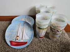 Vintage Melamine Nautical SAILBOAT Dinner Plates MUGS Drinking Glasses Set 20pc