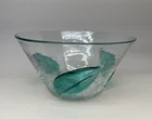 BLENKO Blown Glass Clear Crystal Crackle Bowl Applied Teal Green Leaves 7”