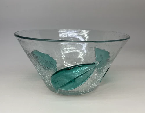 BLENKO Blown Glass Clear Crystal Crackle Bowl Applied Teal Green Leaves 7”