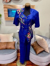 Vintage SPRING TIME Royal Blue Embroidered 2-Piece Linen Blend Pant SetNWOTP2P