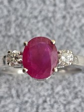 Real Ruby and Diamond Ring 18ct White Gold Three Stone Trilogy. Size O