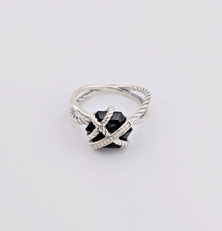 David Yurman Sterling Silver Cable Wrap Black Onyx and Diamond Ring Size 7