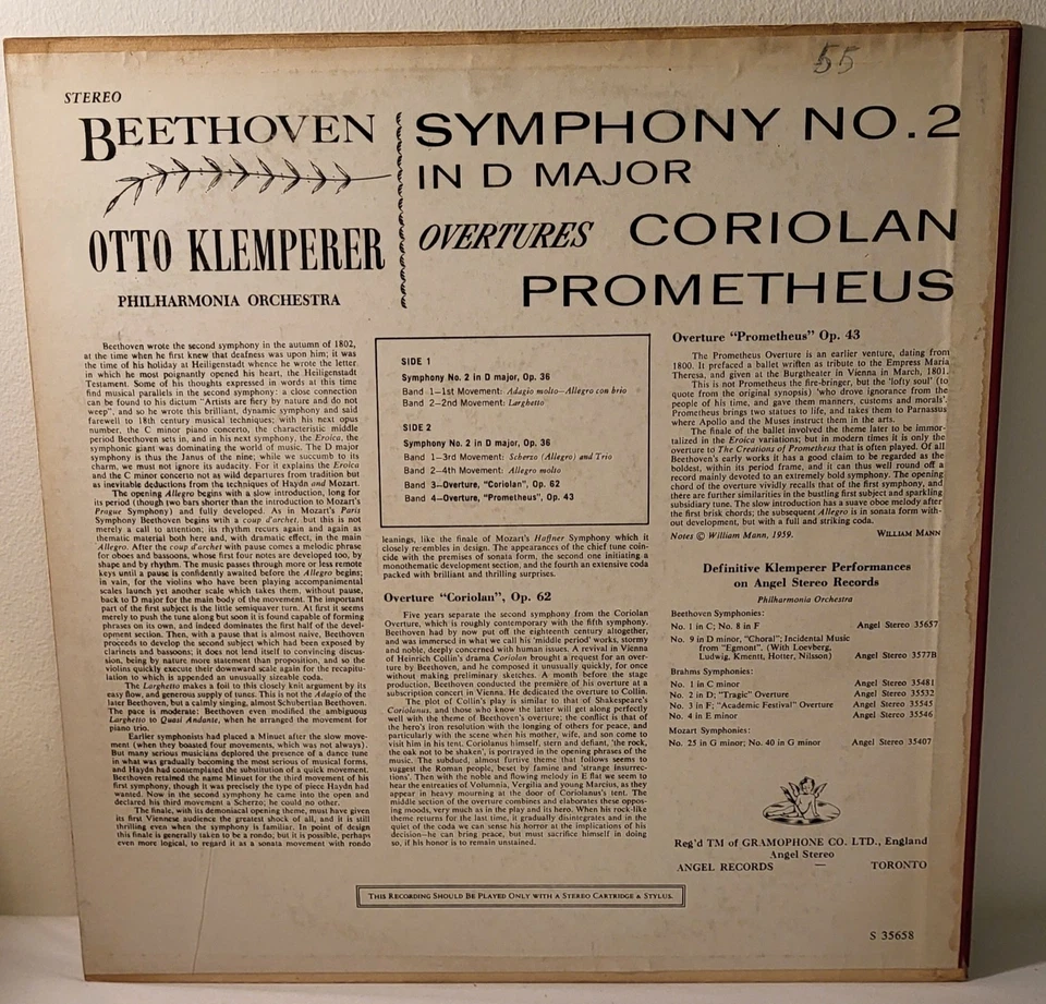 Beethoven Symphony no 2 Vinyl LP 33RPM Angel 35658 Coriolan Prometheus Overtures - Image 3 of 4
