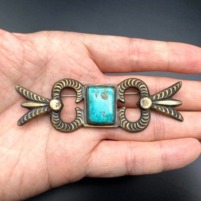 Vintage Navajo Mary Cayatineto Turquoise Stampwork Sandcast Silver Brooch Pin