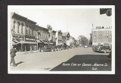 Newton Iowa IA 1940s RPPC Santen Market, Bond Clothes, Jepson Drug, Maytag Hotel
