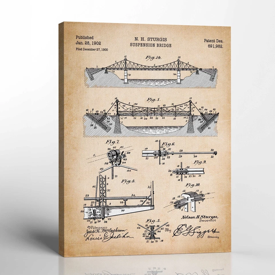 Bridge Art, Patent Suspension Bridge Canvas Print - Image 2 of 4
