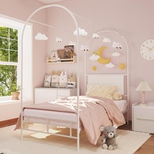Twin Kids Bed Frame Metal Platform w/ Arched Canopy  Soft Upholstered Headboard