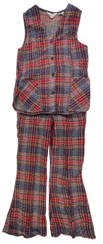 Costume pantalon fille vintage années 70 gilet bas éclatants costume bleu rouge plaid hippie - Photo 1 sur 12