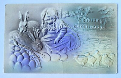 Easter Greetings Little Girl Bunny Rabbits Baby Chicks Embossed 1908 Postcard C6
