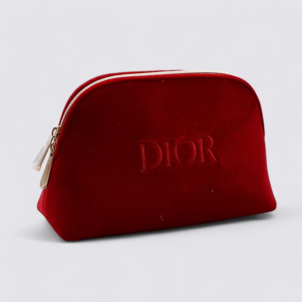 Christian Dior Red Velvet Double Zipper Travel Cosmetic Clutch Bag