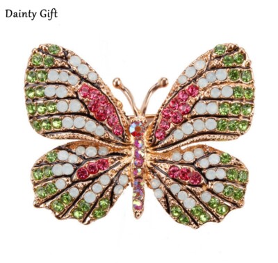DAINTY Women Green Rhinestone Butterfly Insect Animal Scarf Shawl Brooch Pin