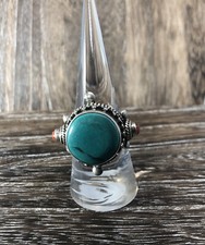 Vintage Sterling Silver Tibetan Coral Turquoise Adjustable Ring size 9
