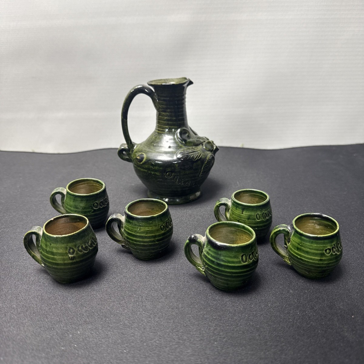 Oaxaca Traditional Green Glaze Pottery Pitcher Miniature With 6