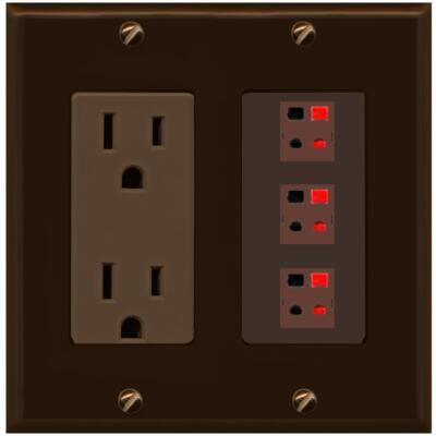 RiteAV 3 Port Speaker Wire Plug Jack Wall Plate - Outlet [Brown/Brown]
