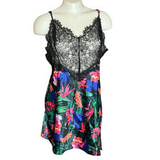 Victoria  s Secret Black Lace  Floral Moonlit Tropic Chemise Slip Dress Sz L NWT