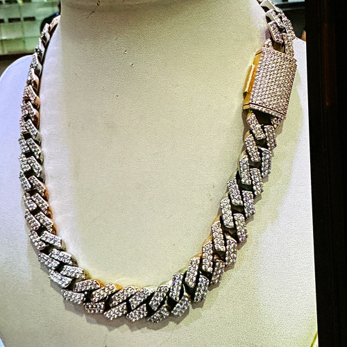 Men's 14K Yellow Gold Diamond Cuban Link Chain Necklace with Box Clasp