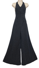 Vintage 1970s polka dot jumpsuit halter navy blue white sleeveless palazzo wide