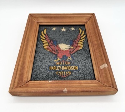 Vintage 70s Harley Davidson Wood Framed Carnival Prize Mirror Picture
