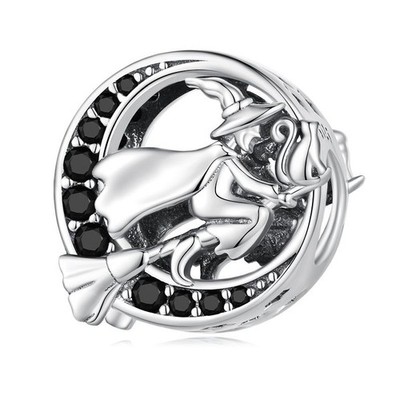   Hexe Fliegender Besen Halloween Schwarz CZ Mond Charm Echt 925 Sterling Silber