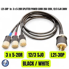 L21-30P to 3x 5-20R Splitter Power Cord 20A, 120V, 12/3 SJO Jacket BLK/WHT