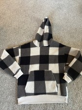 American Eagle Black/White Buffalo Plaid Sherpa Pocketed Pullover Hoodie Size XS