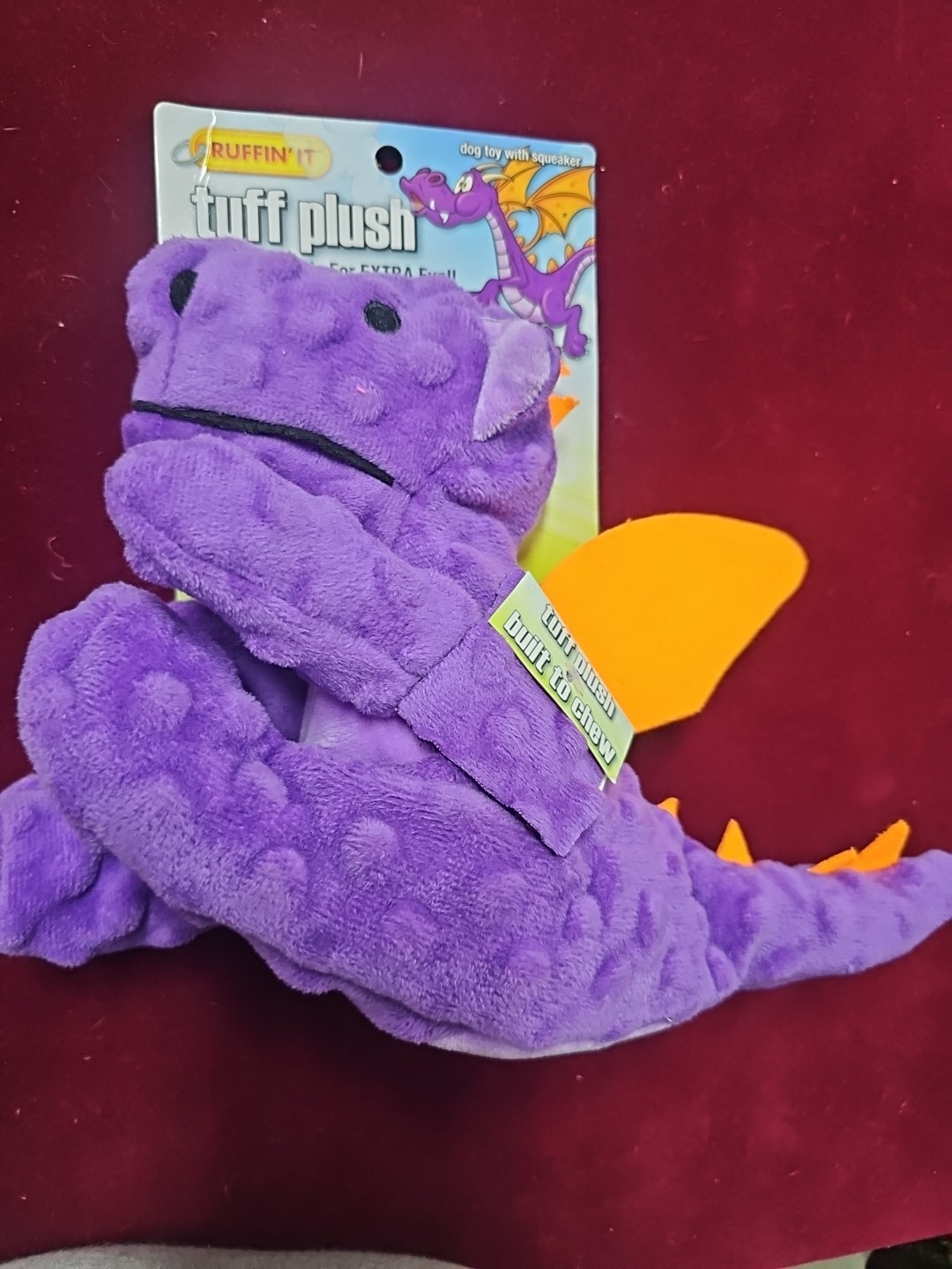 Ruffin It Tough Plush Stuffer Animal, Dog Toy Dragon with Squeaker. 10"