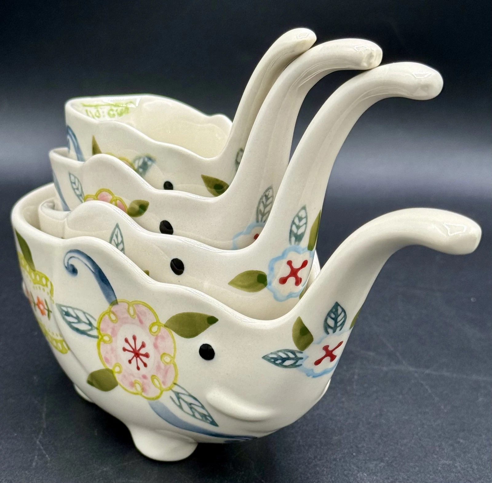 Set of 4 Anthropologie Measuring Spoons Cups Graduated Floral Elephants Kitchen