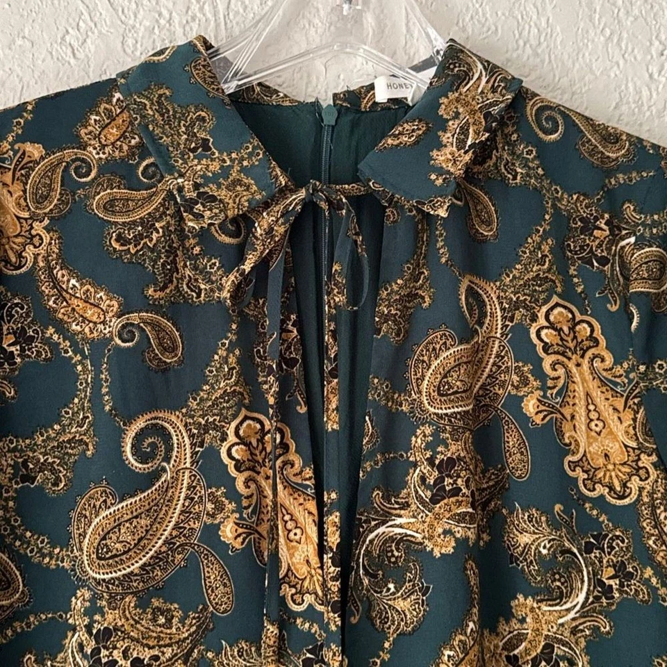Blusa Honey Punch Vintage Mujer Talla Pequeña Verde Patrón Paisley Manga Larga Foto 2 de 4