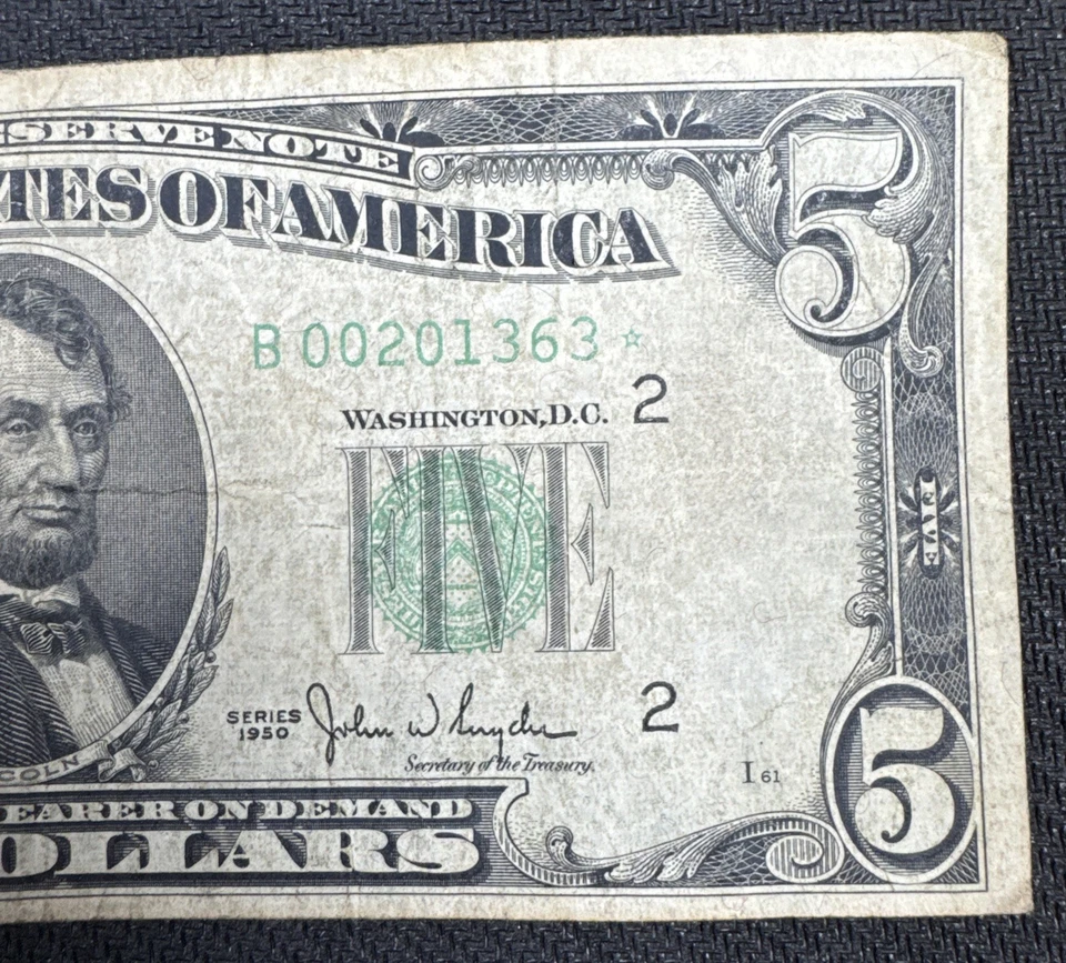 ✰ 1950 Star Note * $5 STAR BILL FEDERAL RESERVE NOTE BANK OF NEW YORK Fr. 1961B* - Image 2 of 4