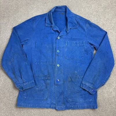 VINTAGE französische Jacke Erwachsene mittelblau Arbeitskleidung abgenutzt Ha...