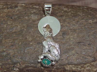 #ad Native American Sterling Silver Green Turquoise Wolf Pendant by Yellowhair $79.99