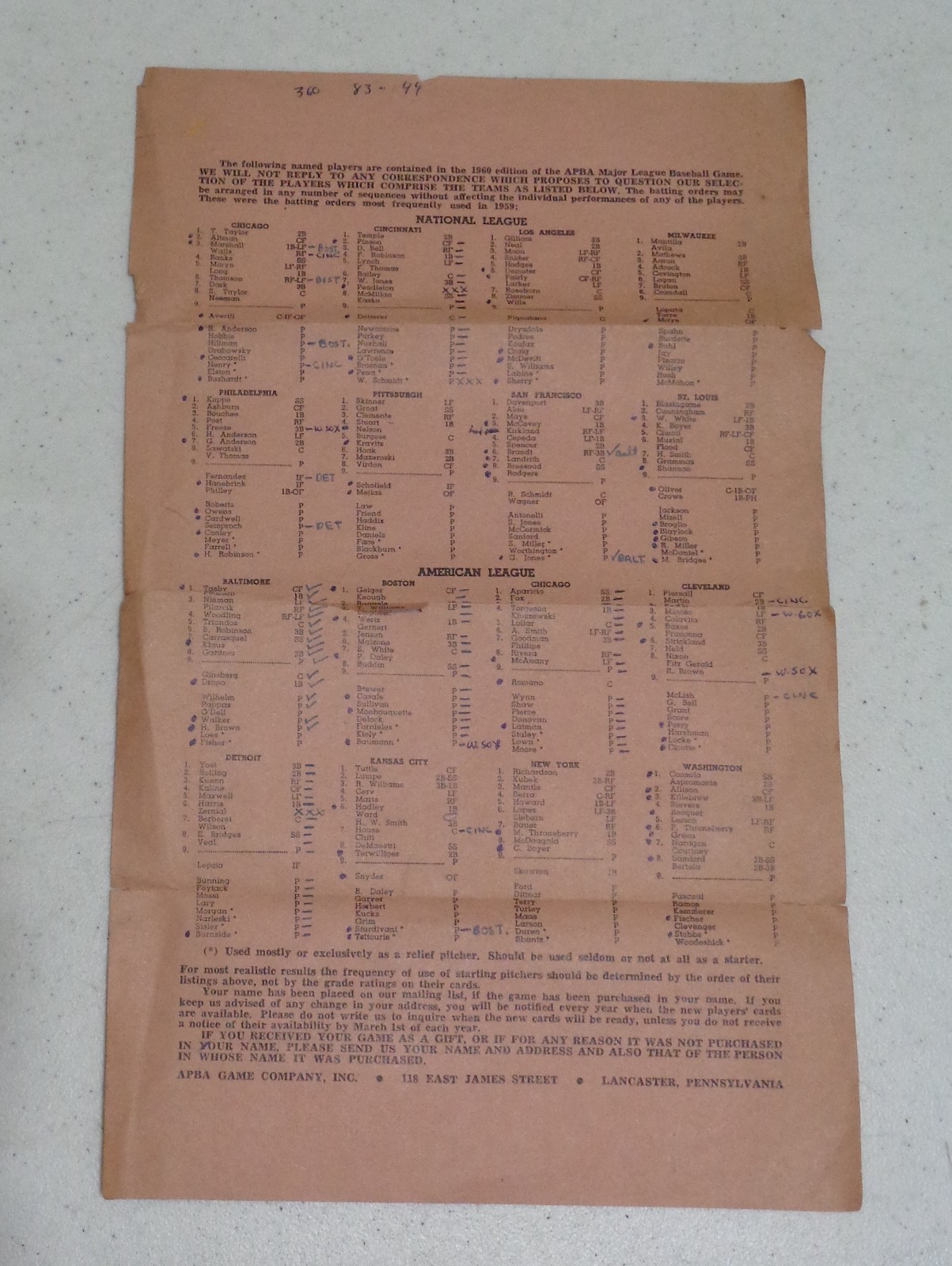 APBA Baseball 1959 Season Card Set with Original Roster Sheet | eBay
