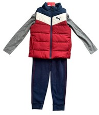 NWT Puma Kids 3pcs Set Puffer Vest Long Sleeve Shirt  Joggers Red Navy Size 6