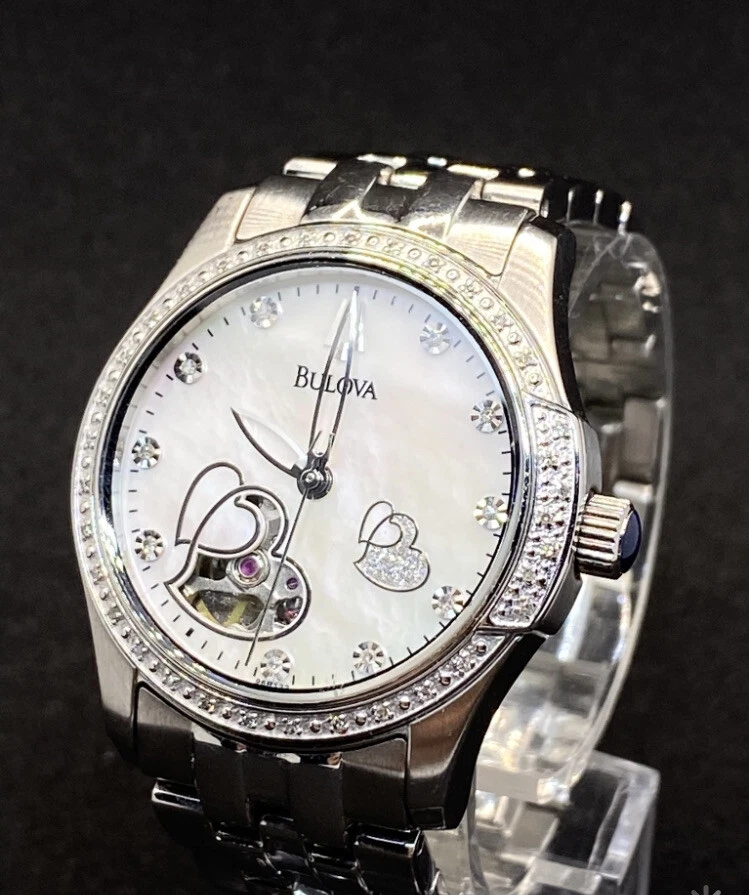Rare Bulova Ladies Skeleton Open Heart Mother Of Pearl Diamond