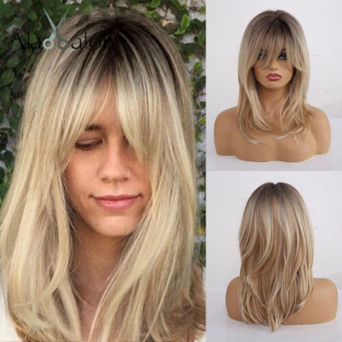 Long Straight WIGS with Bangs for Women Layered Ombre Ash Brown Blonde Hair - Afbeelding 1 van 17
