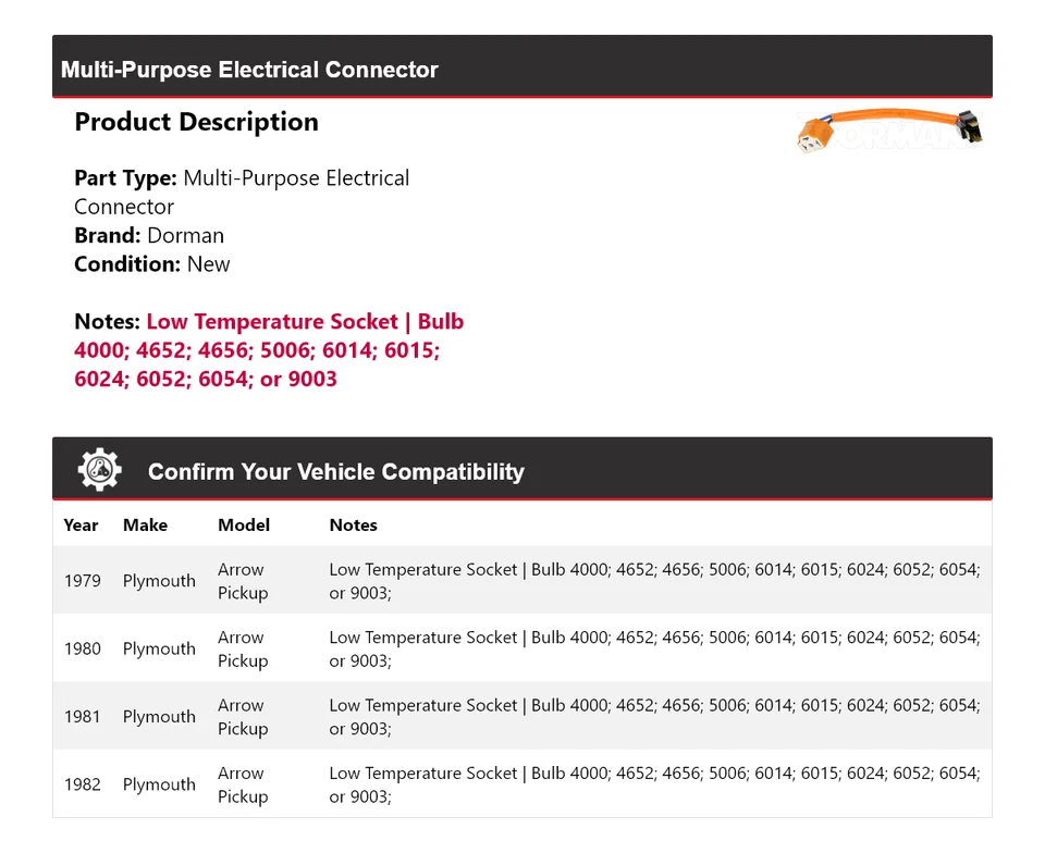 Conector eléctrico multiusos Dorman para camioneta Plymouth Arrow 1979-1982 Foto 2 de 4