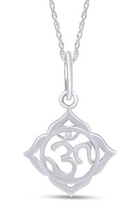 Authentic Aum-Om Prayer Sign Pendant 18" Necklace 14K White Gold Plated Silver