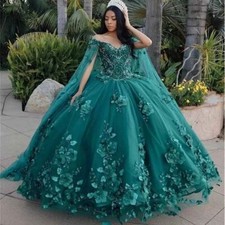 Hunter Green Quinceanera Dresses BallGown Flower BirthdayParty With Cape Sweet16
