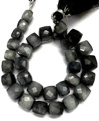 AAA+ Natural Black Cats Eye Faceted Box Shape Beads 8-9 MM Catseye Cube Gemstone