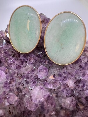 Vintage 80s Large Faux Jade Gold Earrings Retro Mob Wife Aesthetic Cabochon