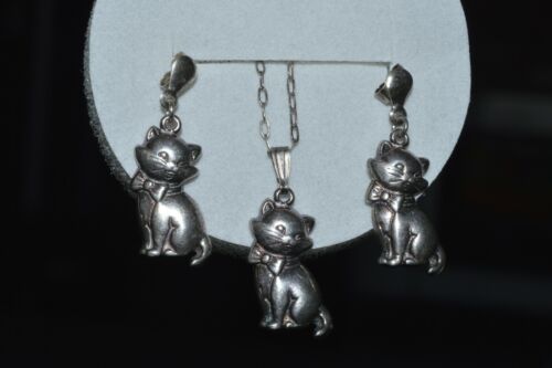 EXCLUSIVE Russian STERLING SILVER 925 earrings chain pendant set kittens kitty  - Picture 1 of 8